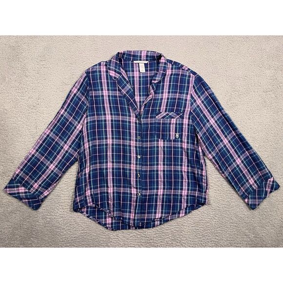 Victoria's Secret Other - Victoria's Secret Pajama Top Blue Pink Plaid Collared Button Medium M